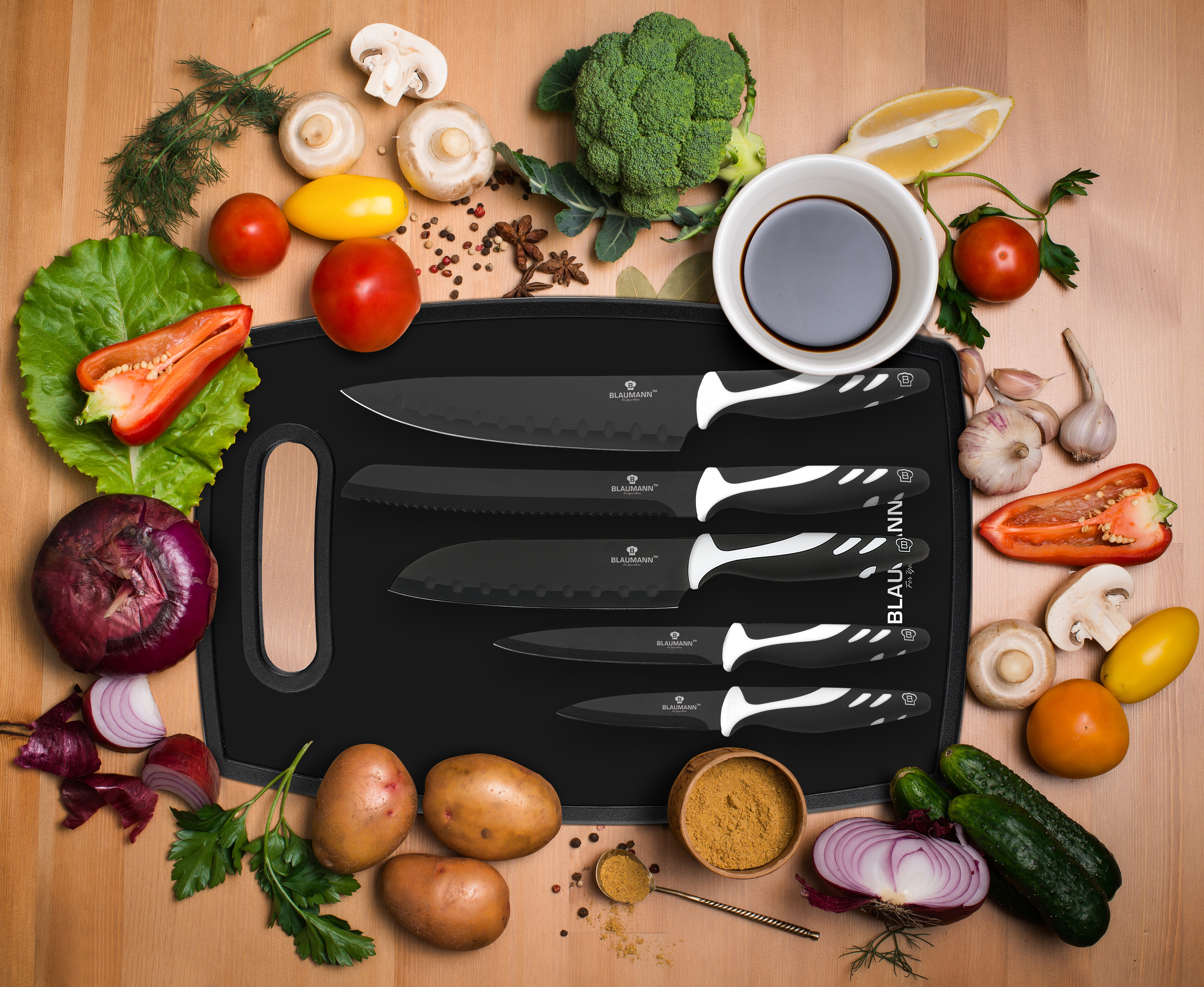 Various Vegetables And Spices And Empty Cutting Board. Colorful