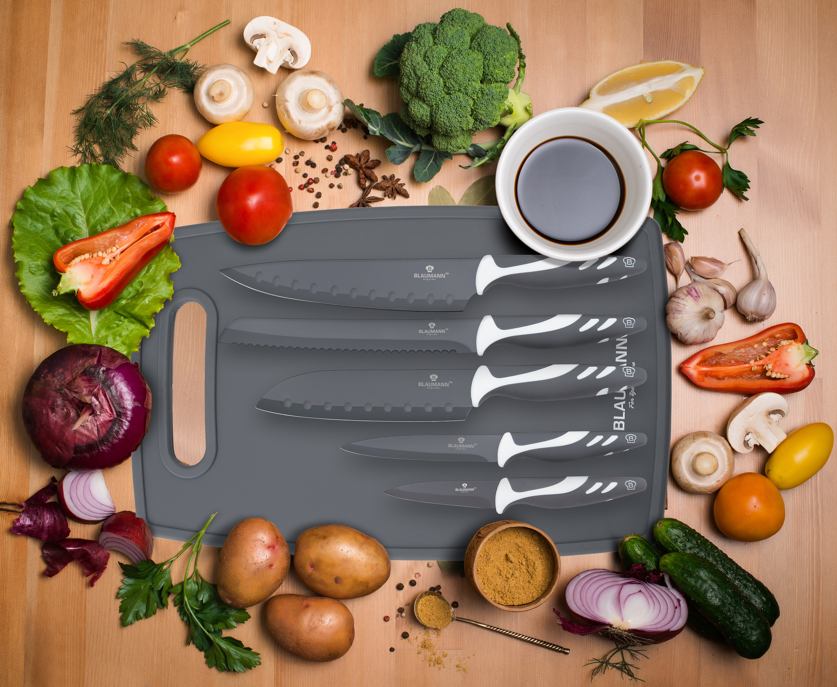 Various Vegetables And Spices And Empty Cutting Board. Colorful